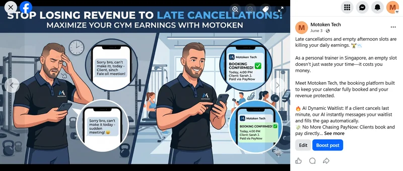 Motoken Booking scheduling ad for personal trainers and gym coaches